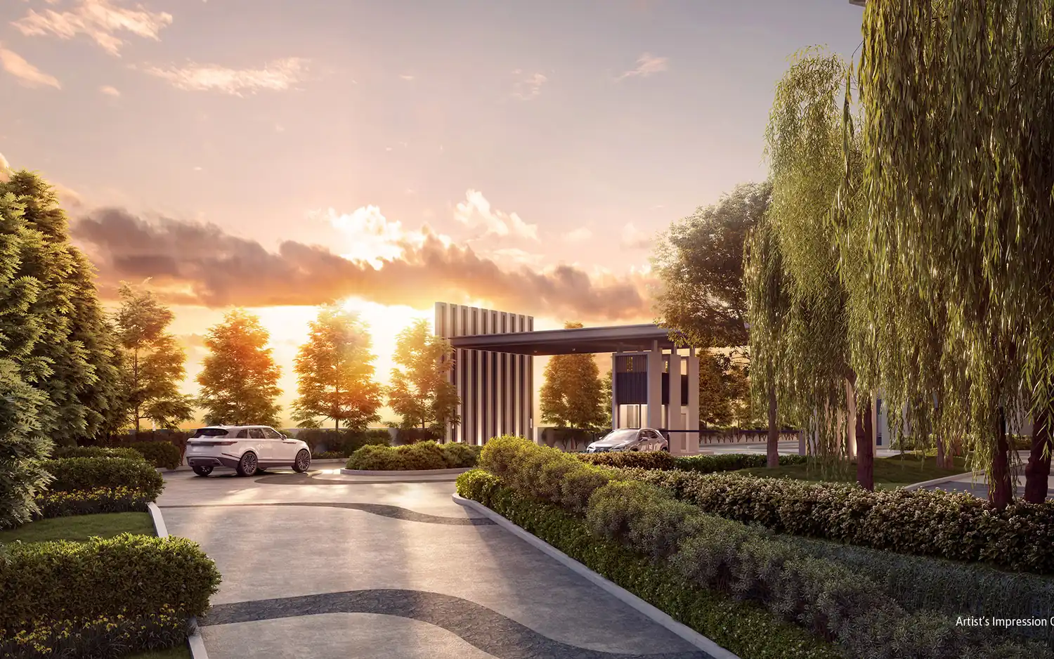 REN Residence arrival driveway and entrance at dusk, Bukit Jalil