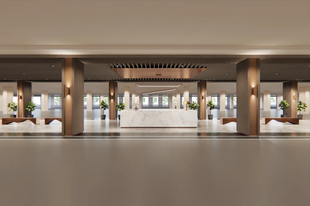 REN Residence arrival lobby with marble reception and timber columns