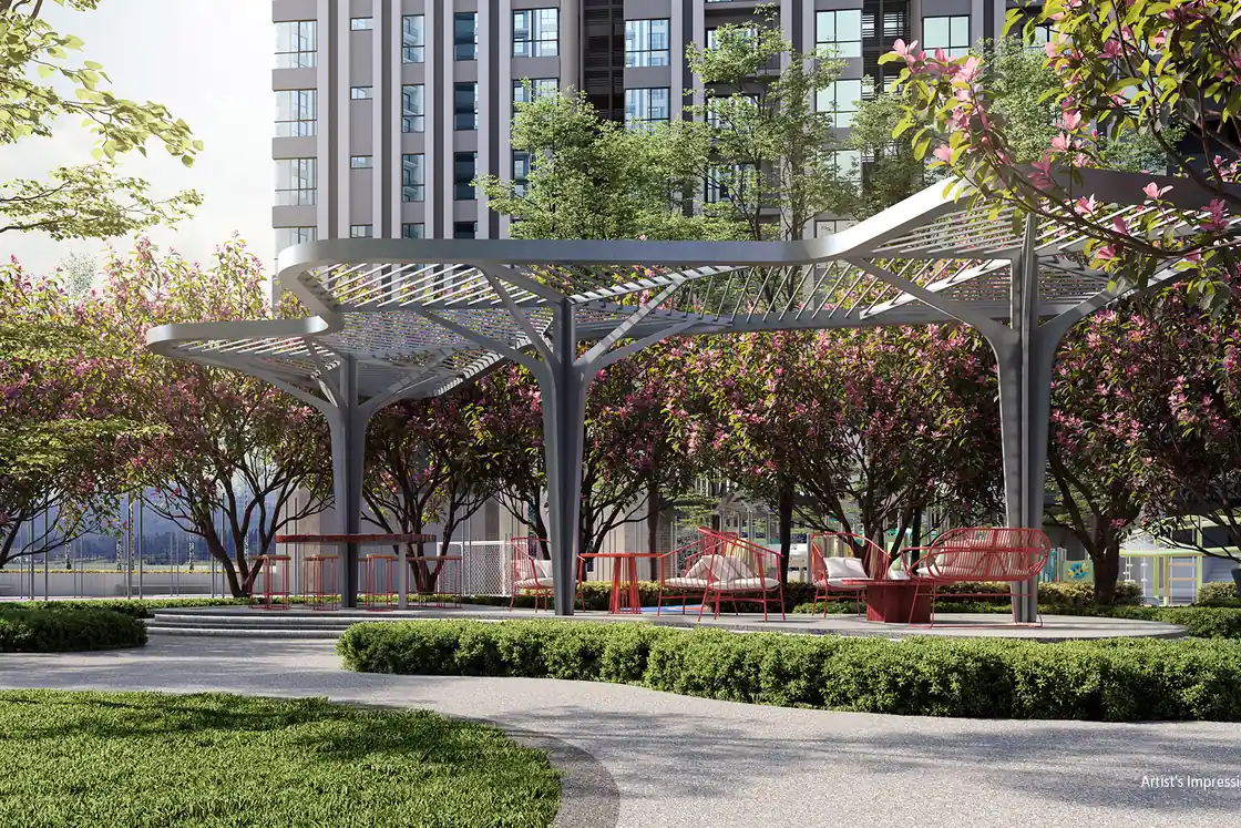 Landscaped outdoor lounge and garden pavilion at REN Residence